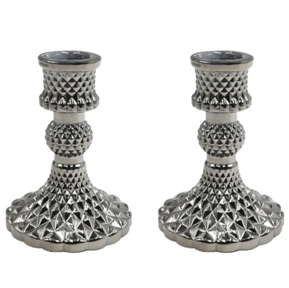 Pair of Silver Faceted Glass Crystal Taper Metallic Candle Holders Set of 2 New